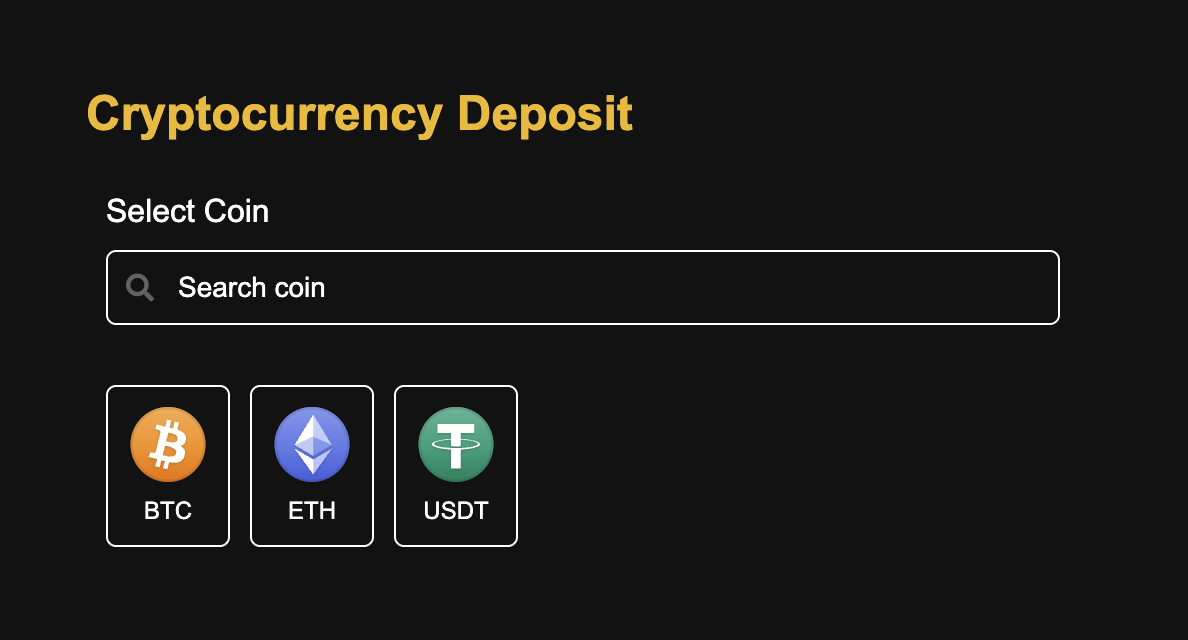 Moedas BTC, ETH e USDT disponíveis para depósito no Fybit